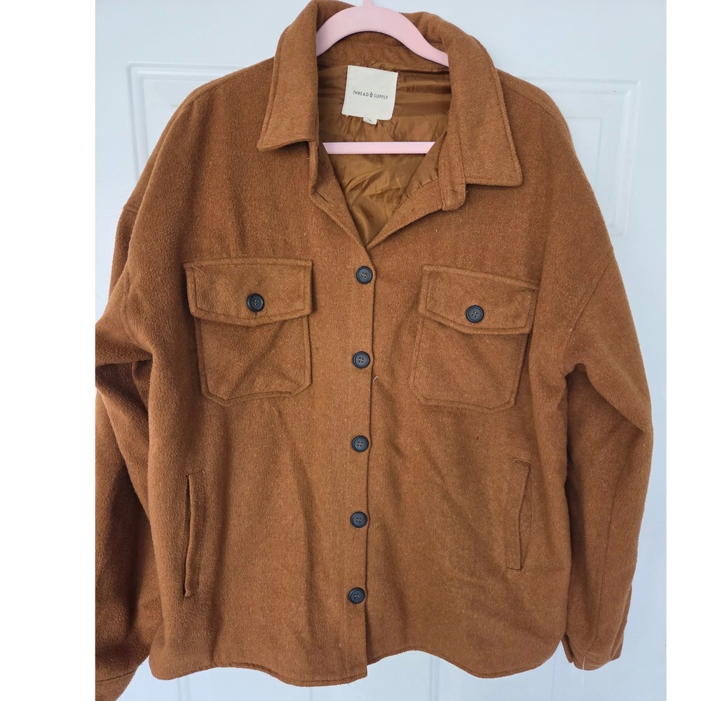 Thread & Supply Rust Brown Fleece Shacket Button Front Utility Jacket XL